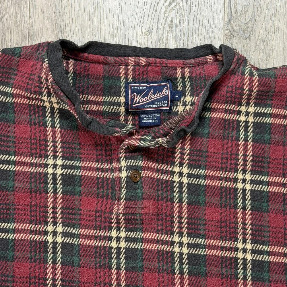 Vintage Woolrich Sweater‎ Mens Large Red Plaid Flannel Henley Rugged Outdoorwear
